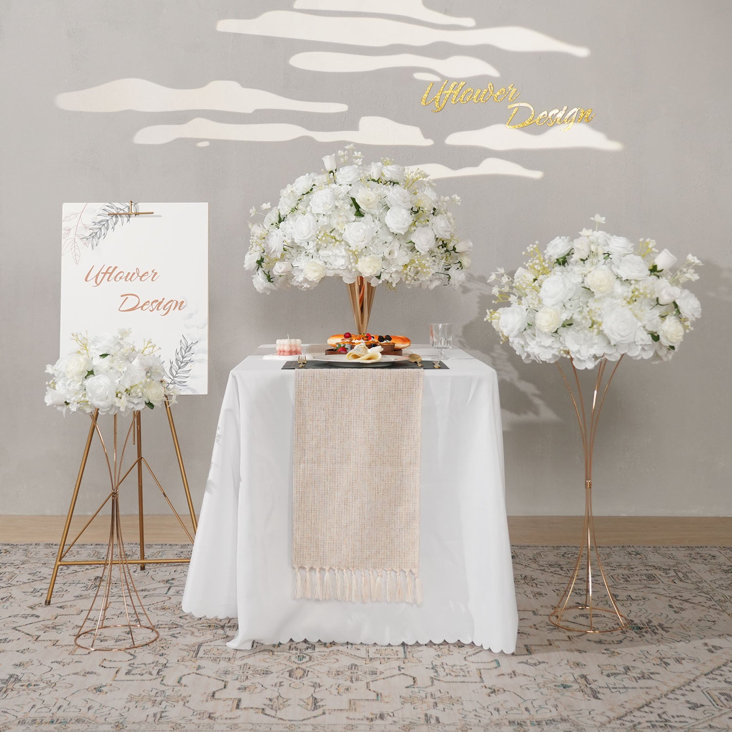 Uflower White Rose Baby's Breath Flower Ball For Table Centerpieces